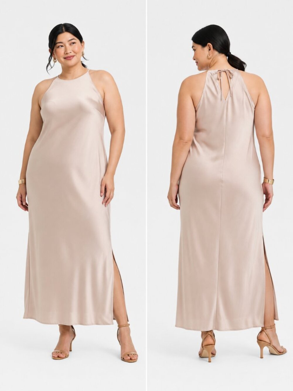 A New Day Champagne Satin Halter Midi Slip Dress Fully Lined 4X NWT Plus